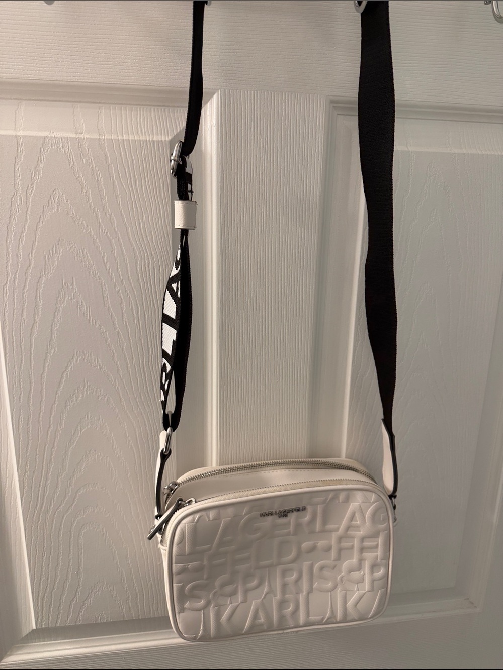 Karl Lagerfeld White and Black Logo Strap Embossed Crossbody Bag